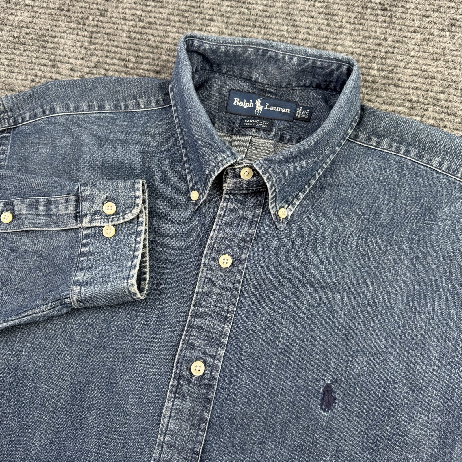 Vintage Polo Ralph Lauren Yarmouth Denim Shirt Mens Large 16.5 Stonewashed Blue