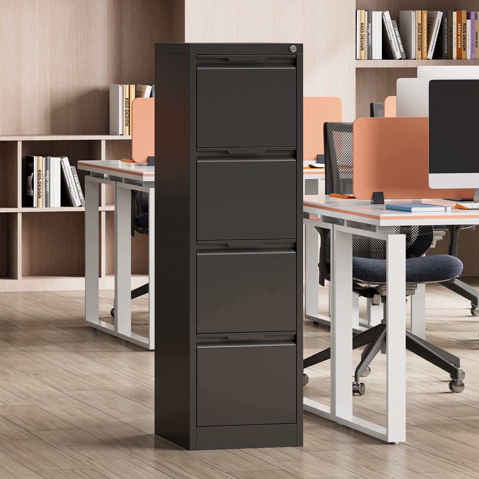 4 Drawer Narrow Vertical File Cabinet with Lock Metal Home Office Black