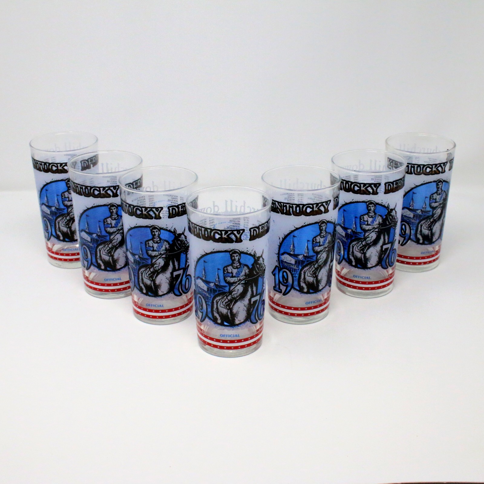 (7) - 1976 Official Kentucky Derby Frosted Mint Julep Glass Tumblers Genuine