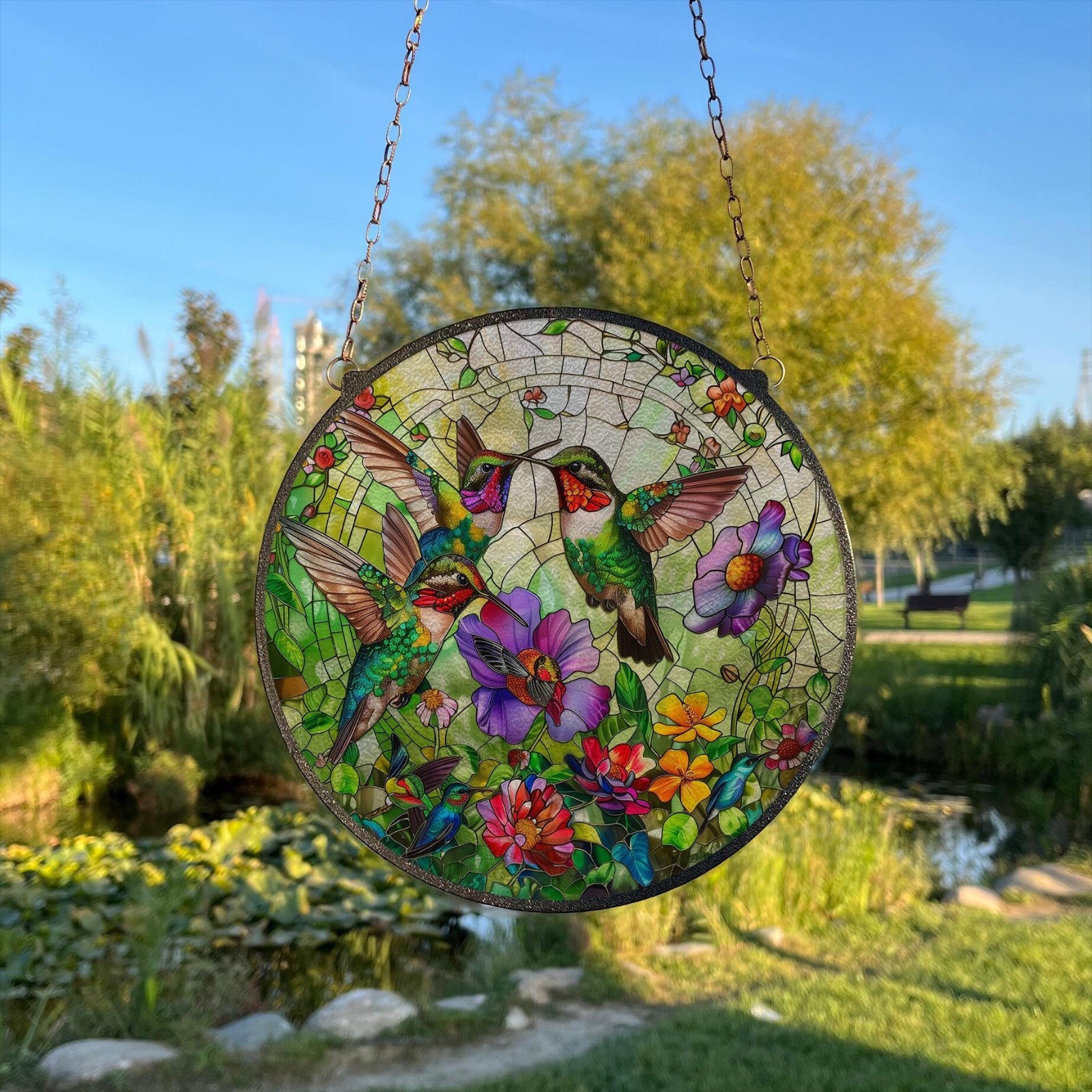 Hummingbird Stained Glass Suncatcher, Hand-Painted Window Decor