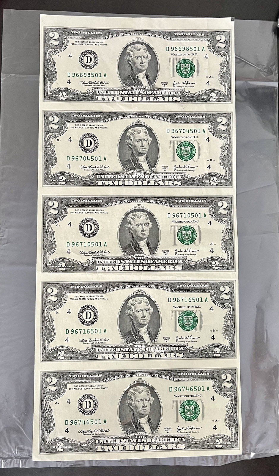An Uncut $2 Currency Sheet Of 5 US Dollar Bills An Uncut $2 Currency Sheet Of 5 US Dollar Bills