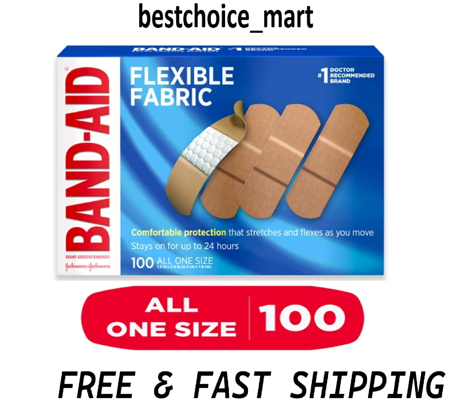 Band-Aid Brand Flexible Fabric Sterile Adhesive Bandages, Comfortable 100 Count.