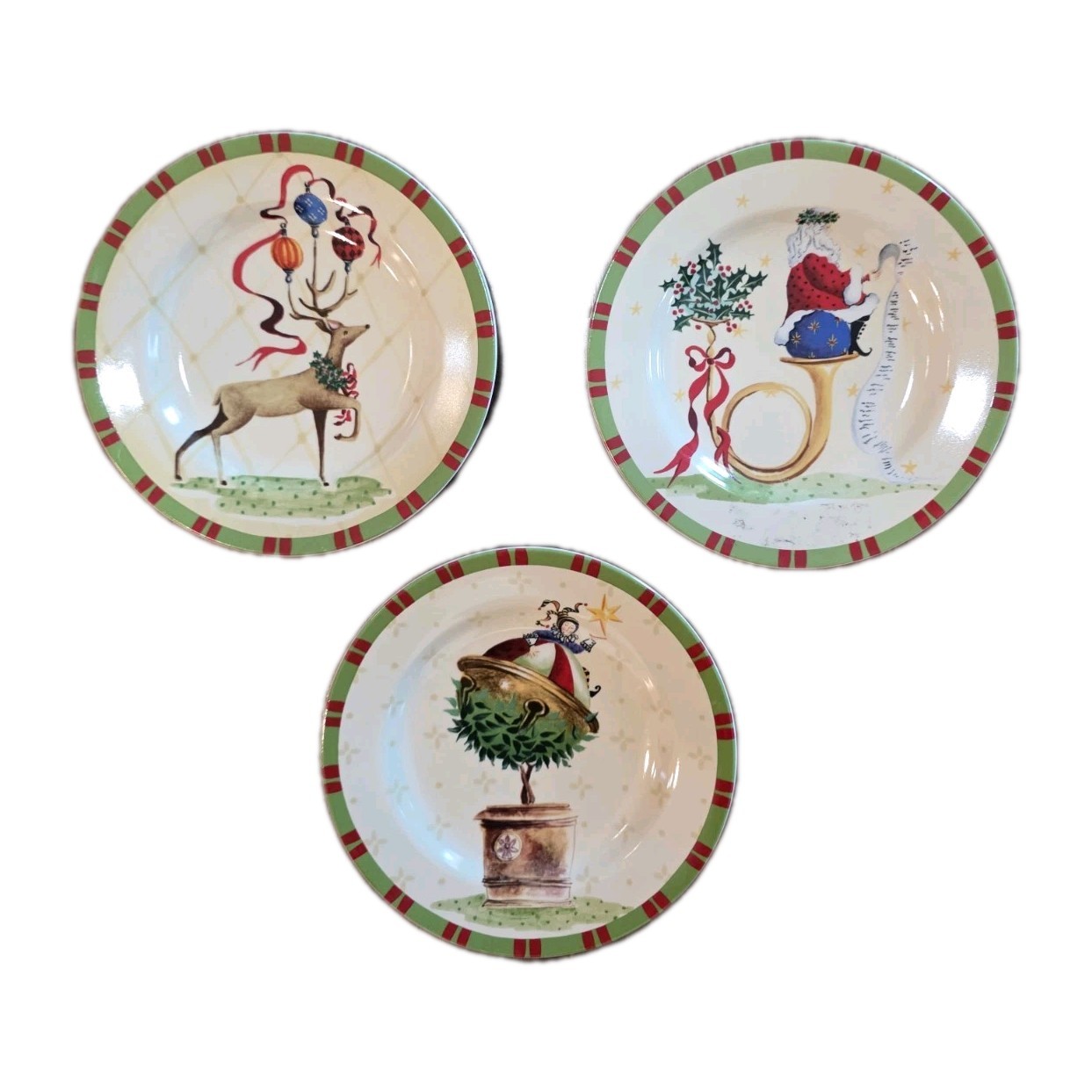 Gracey Knight Christmas Jubilee Bloomingdales Set of 3 Salad Plates Reindeer 