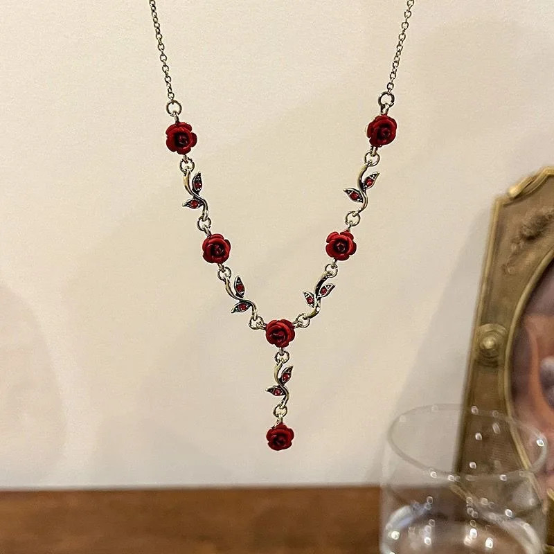 Vintage Romantic Rose Flower Y Shape Necklace for Women Trend Personalization