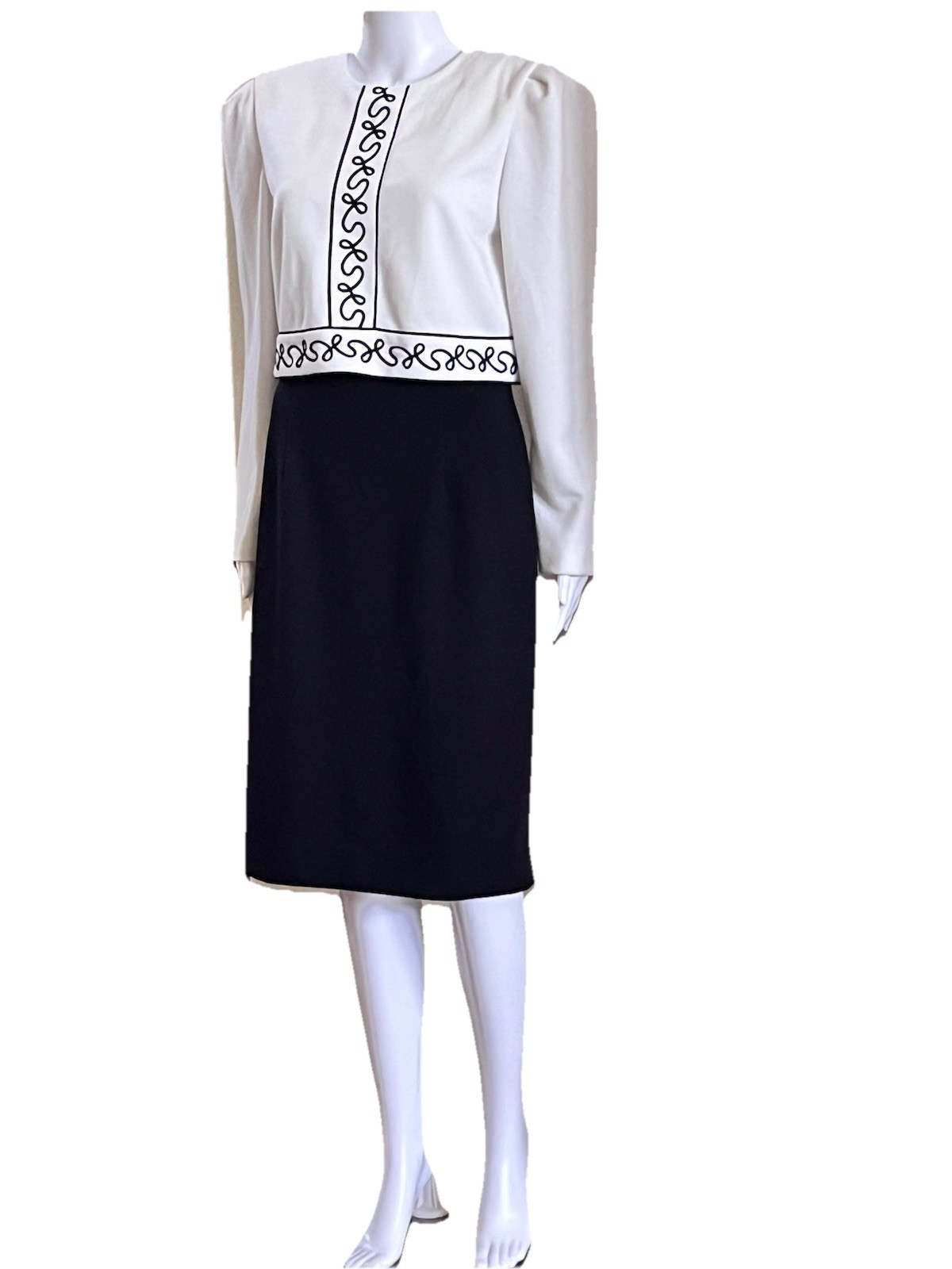 Leslie Fay Sheath Dress Size 10 Black & White Embroidered Faux 2pc Vintage Y2K