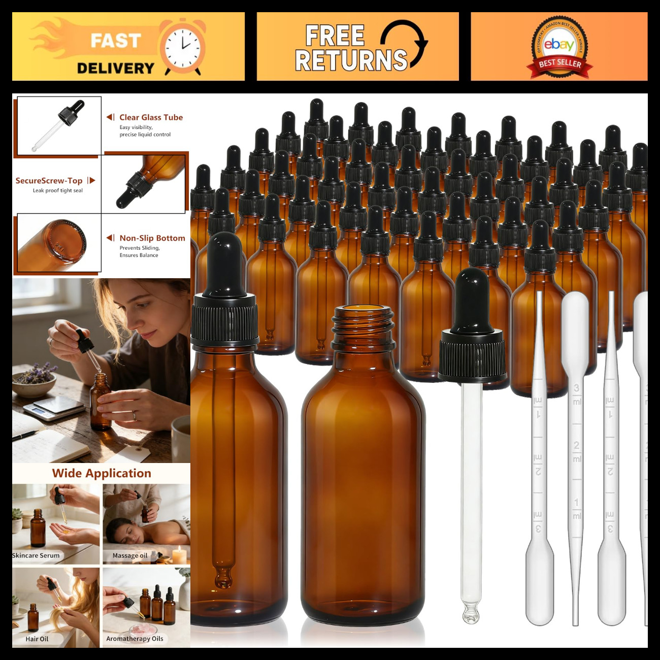 48 Pack 2oz Amber Glass Dropper Bottles, 30ml Leakproof Essential Oil Vials 48 Pack 2oz Amber Glass Dropper Bottles, 30ml Leakproof Essential Oil Vials