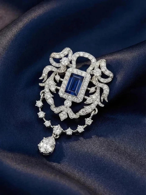 2.40Ct Emerald Lab-Created Blue Sapphire Art Deco Brooch 14K White Gold Plated