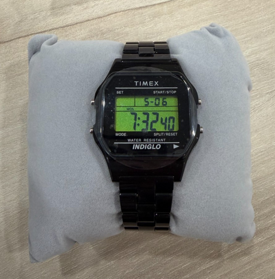 Timex T80 36mm Glossy Black Resin Bracelet LCD Digital Stopwatch Men\'s Watch