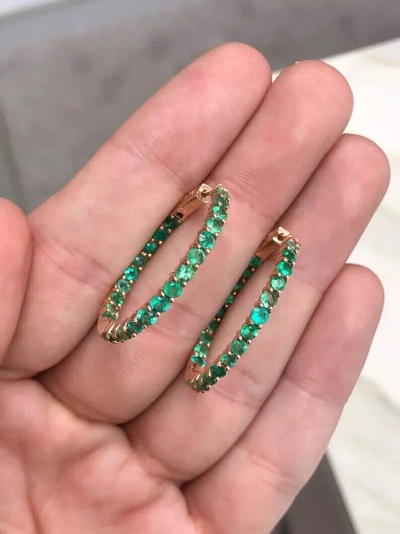 14K Rose Gold Plated 2.86 CT Round Cut Created Green Emerald Women Hoop Earrings