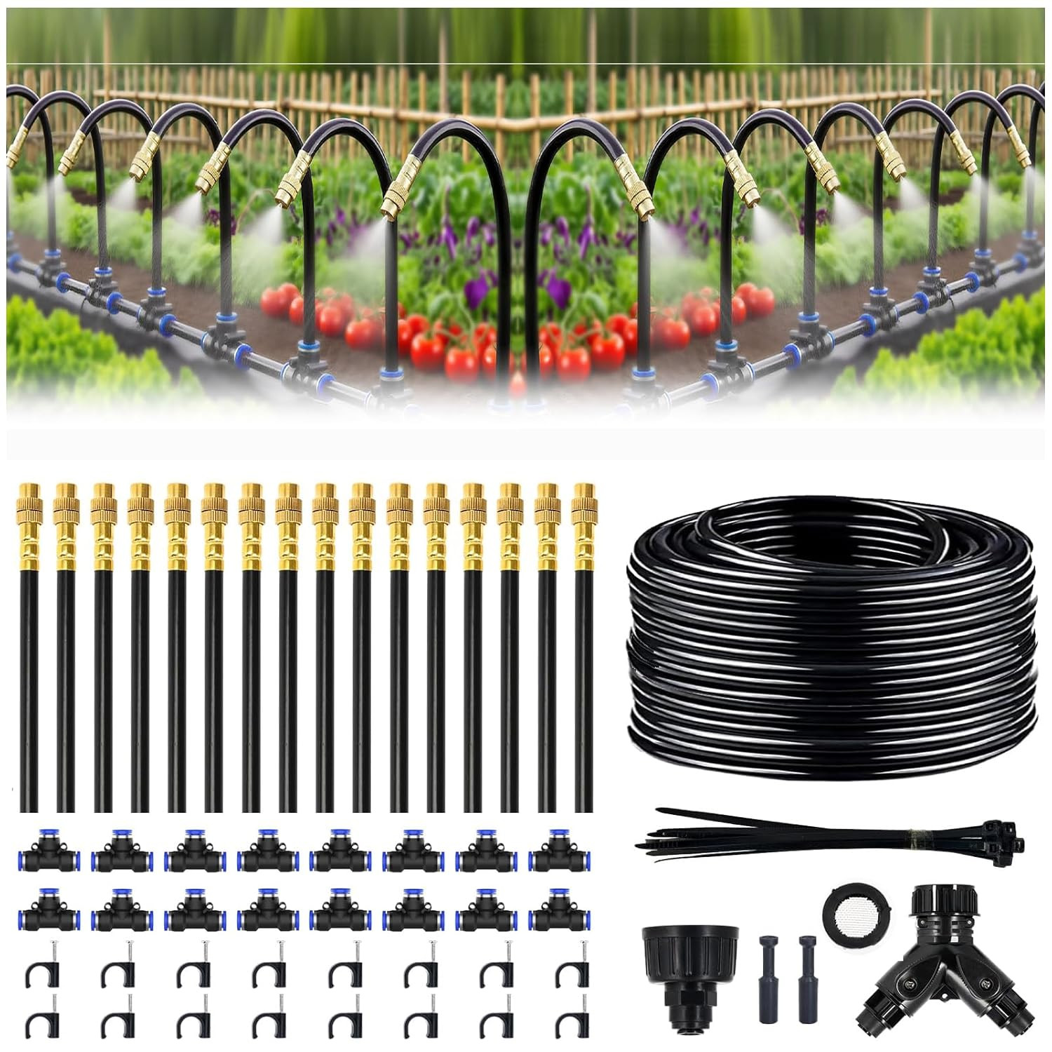 100FT Drip Irrigation System, 1/4 Inch Hose with 360° Adjustable Copper Nozzles