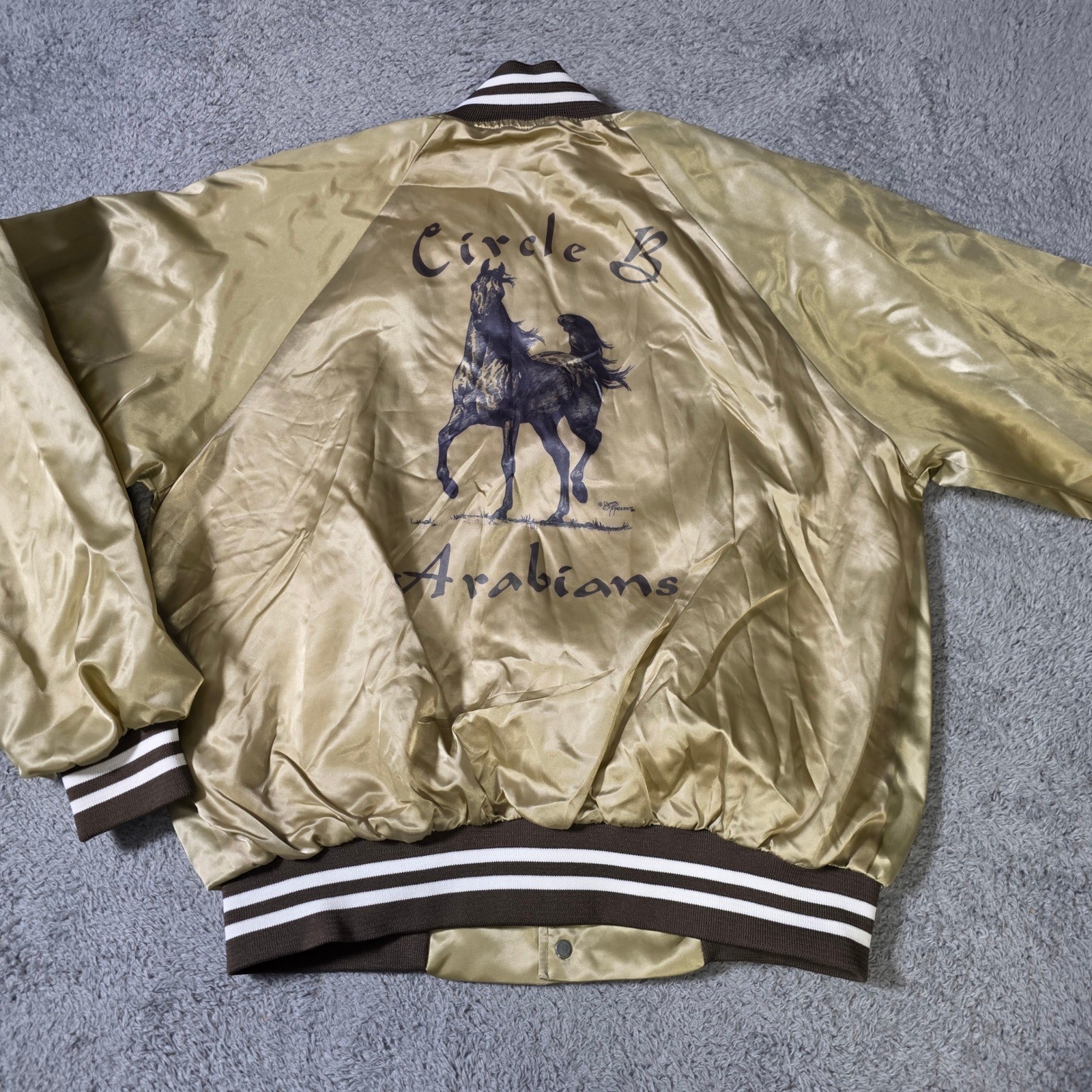 Vintage Mens Large Bomber Jacket Gold Circle B Arabians Horse Graphic Satin USA