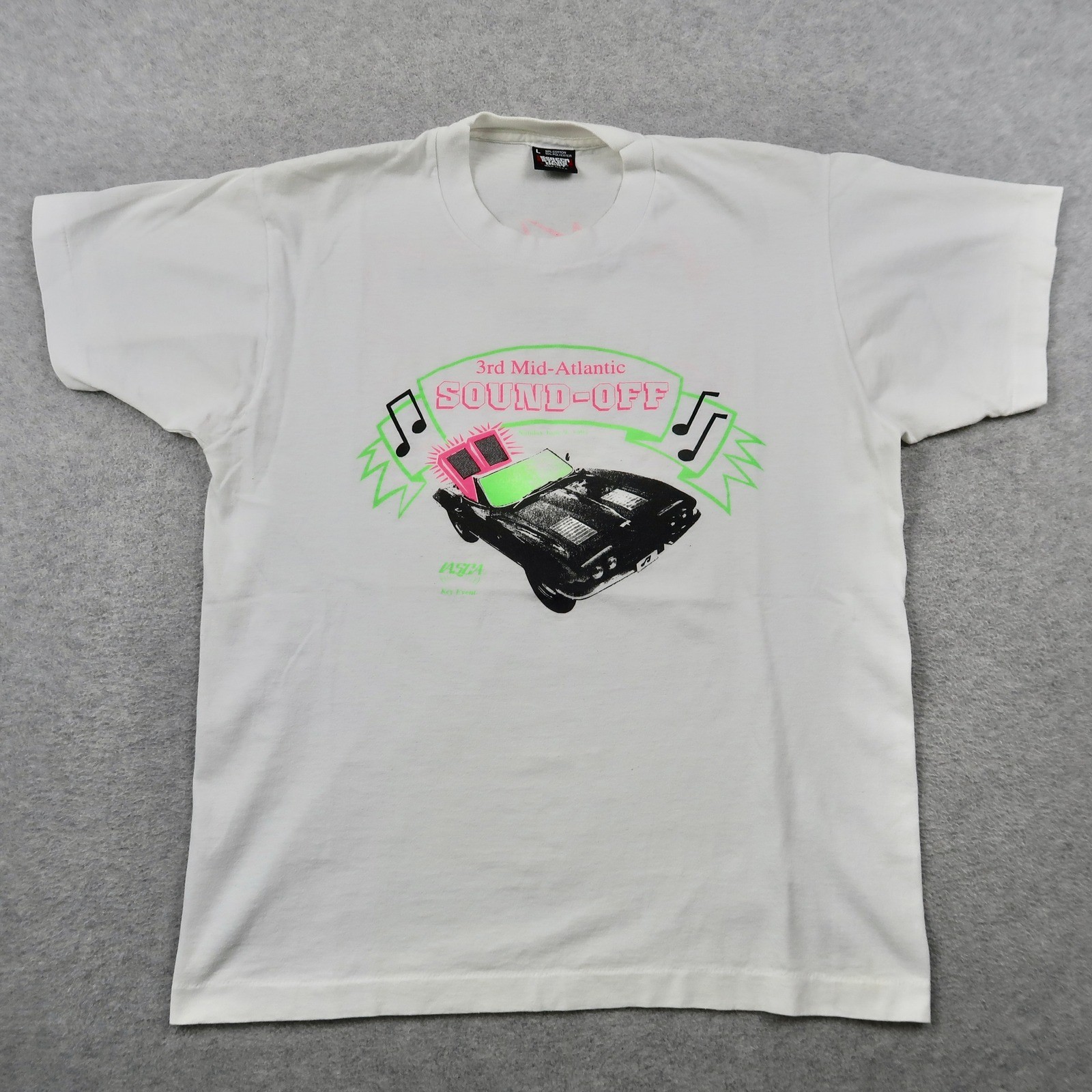 Vintage 1991 Sound-Off Car Audio T-Shirt Mens Large White Screen Stars Best USA