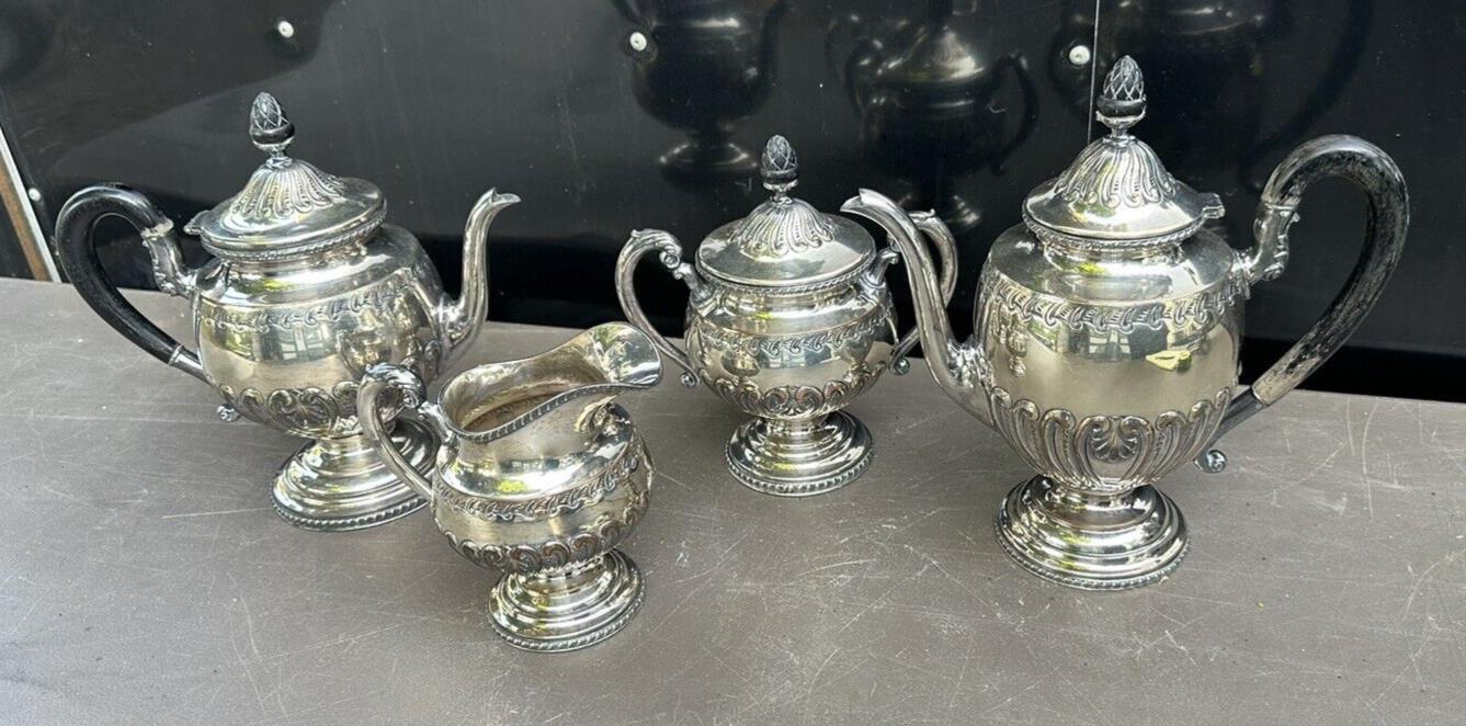 Ornate Antique Victorian Embossed Silver Plate 4 piece Coffee Tea Serving Set
