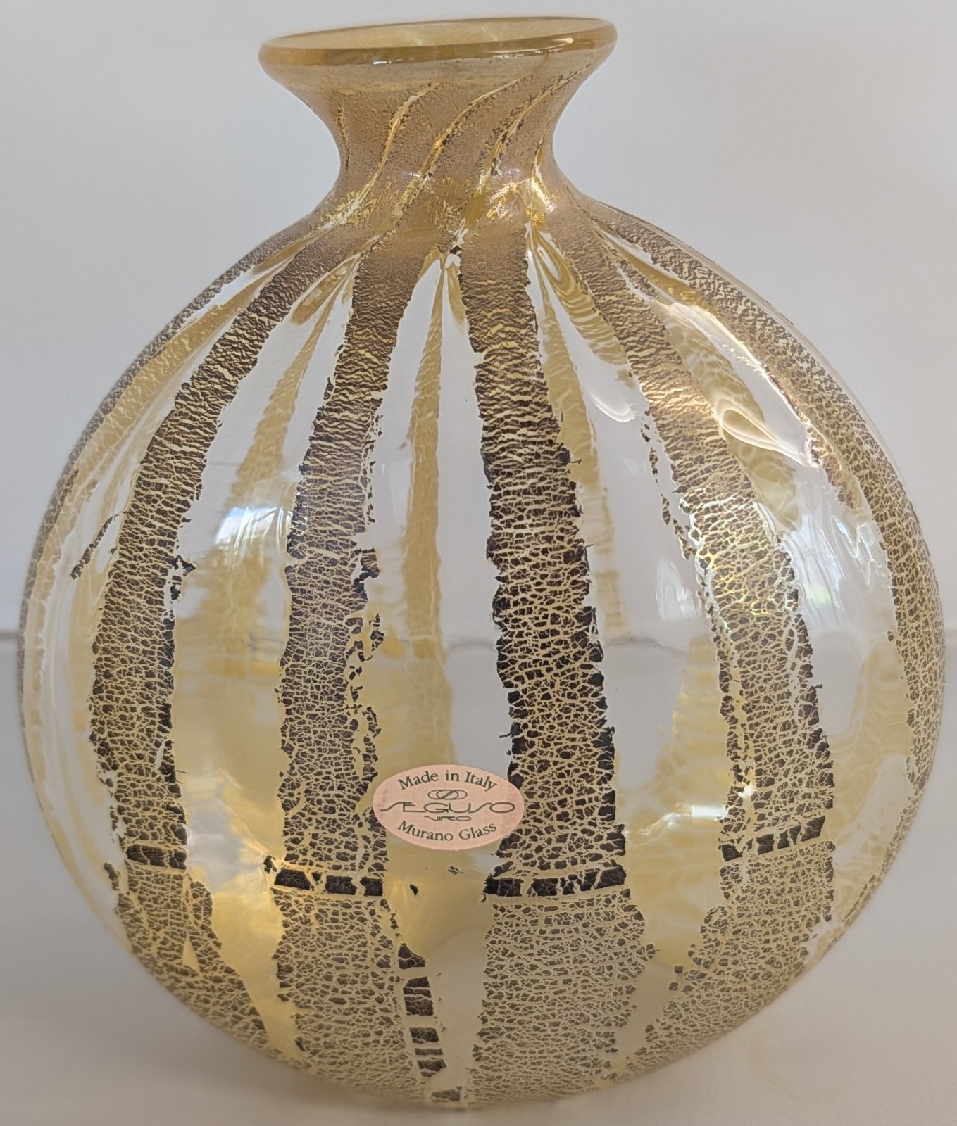 Seguso Viro Murano Glass Vase Signed Gold Leaf Italy 6.75\