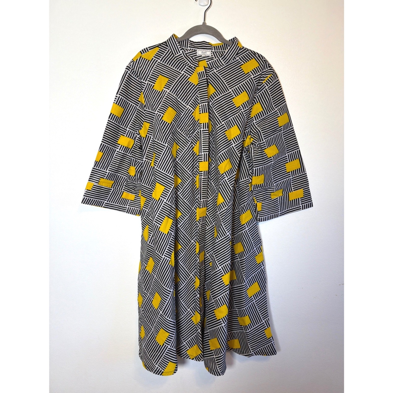 Zuri Kenya Cotton Geometric Block Stripe Shirt Dress Yellow Black White 1X