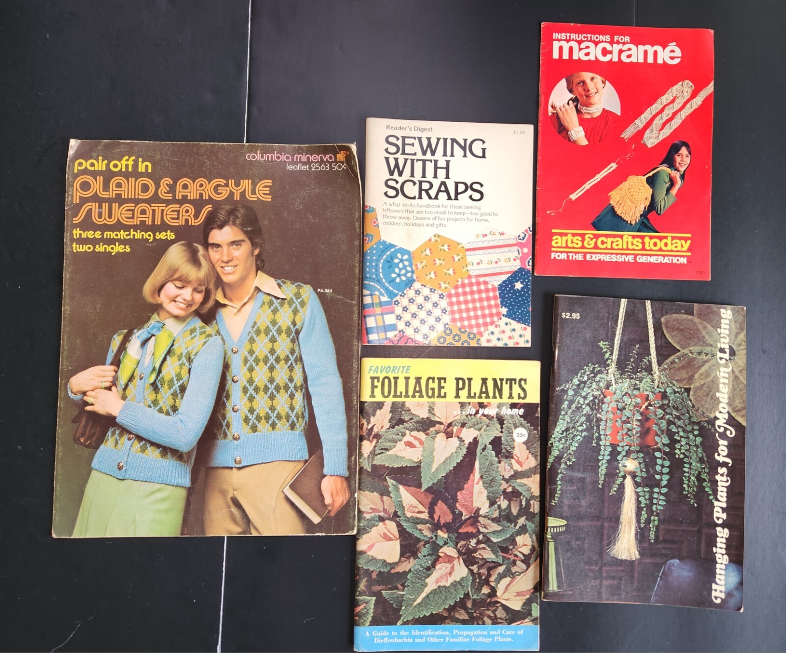 5 Pc. Macrame Hanging Plants/Sew Books 1970s DIY Bohemian Decor & Clothing Lot