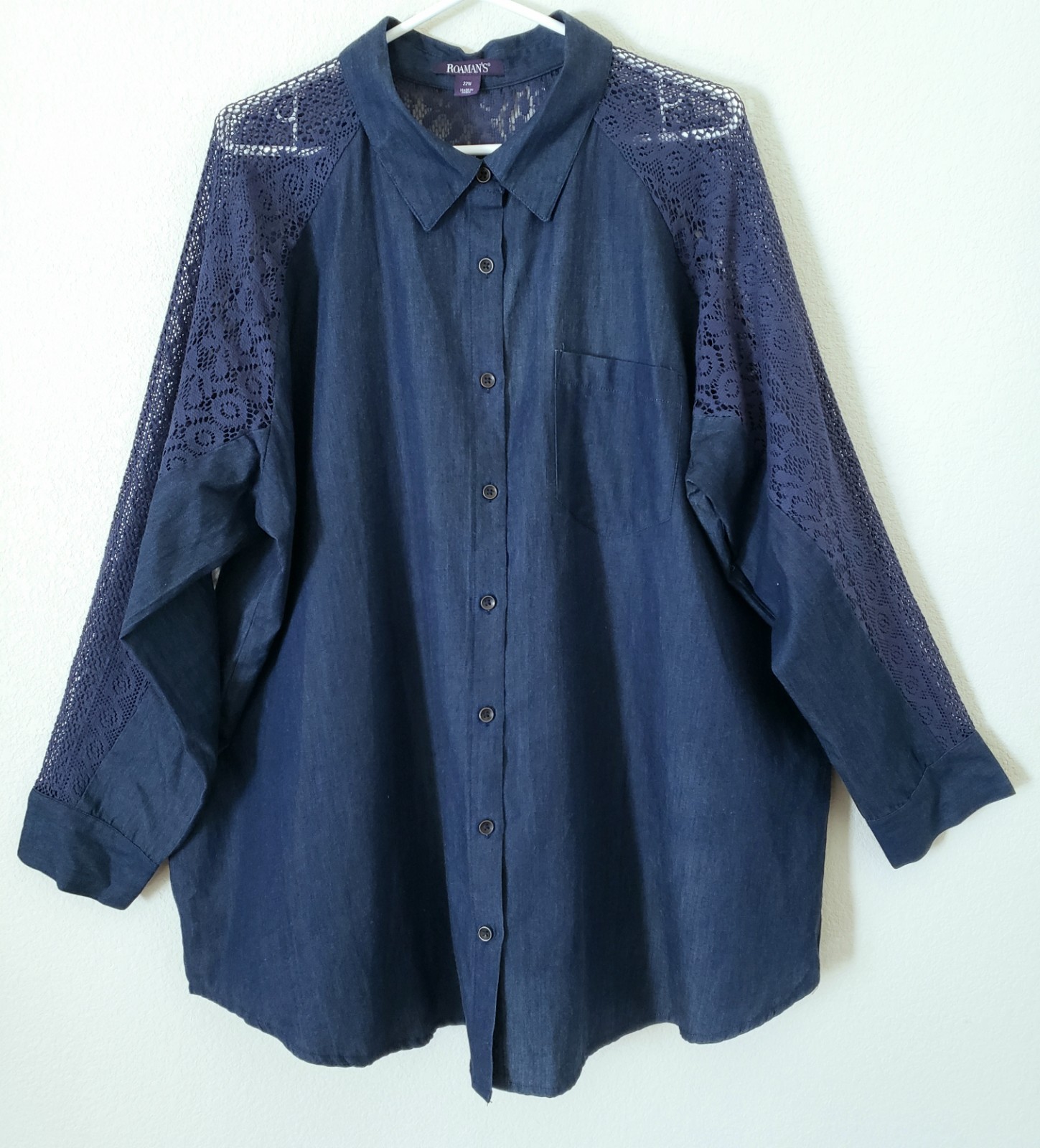 Roaman\'s Women\'s Plus Size 22W Blue Denim Button-Up Long Sleeve Lace Trim Roaman\'s Women\'s Plus Size 22W Blue Denim Button-Up Long Sleeve Lace Trim