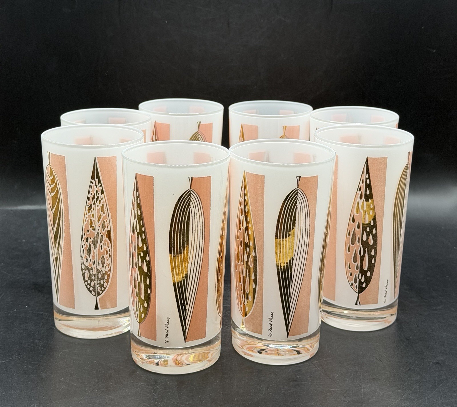 VTG Fred Press Signed MCM 1950’s Set of 8 Pink & Gold Frosted Highball Glasses