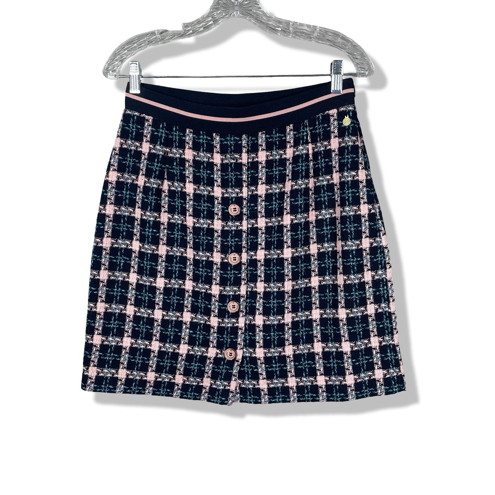 4 Funky Flavours Plaid Tweed Mini Skirt Womens Navy Pink Academia Preppy Size S
