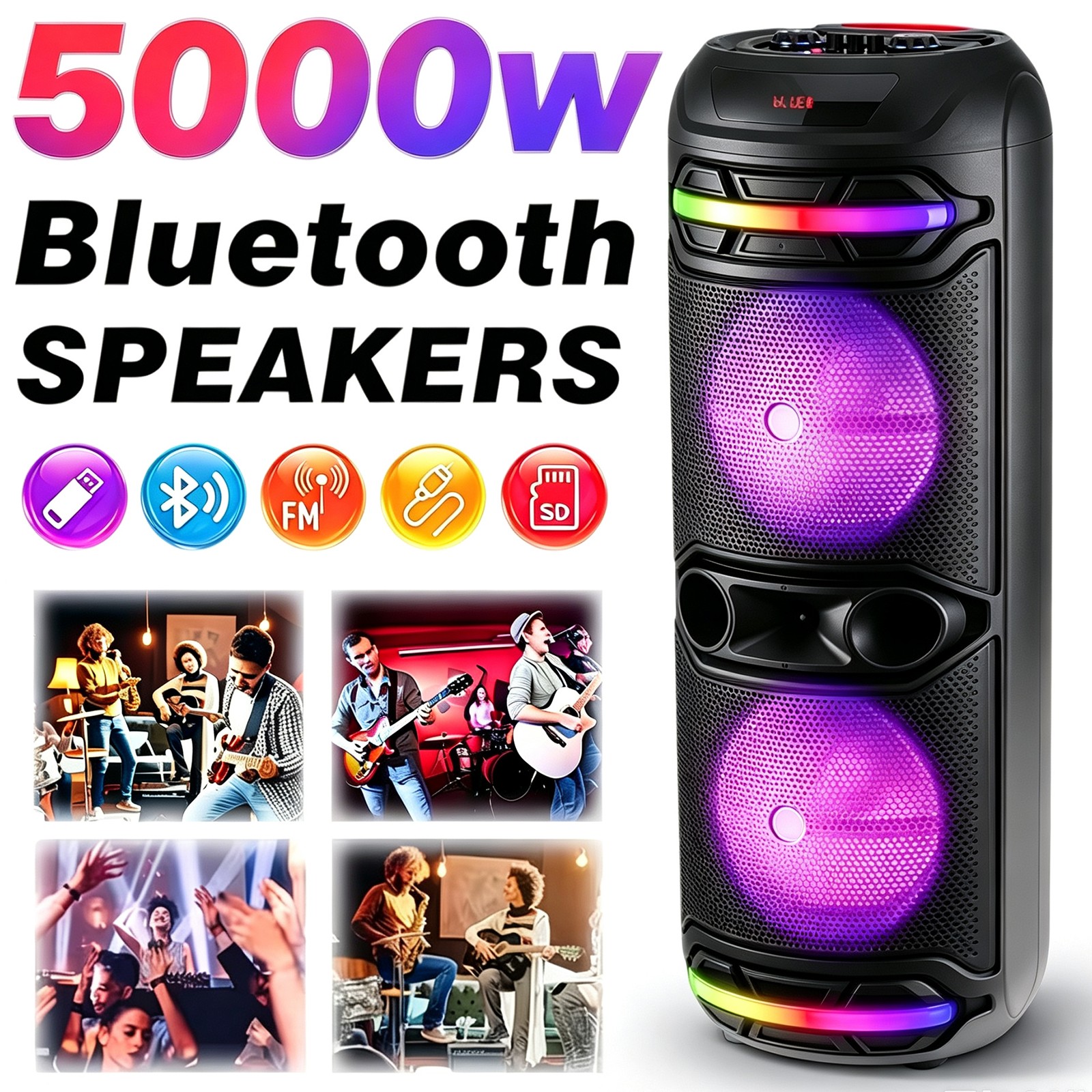 5000W Dual 12\'\' Bluetooth Speaker Heavy Bass Sound System Powerful Sound w/ Mic