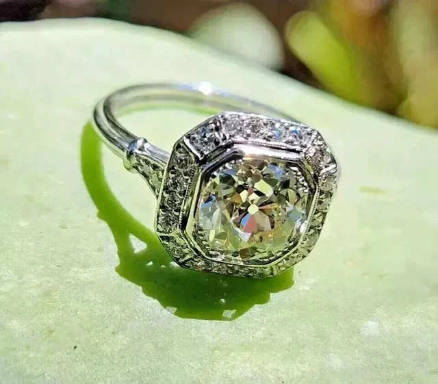 Art Deco Vintage Round Cut Lab Created Diamond 14K White Gold FN Engagement Ring