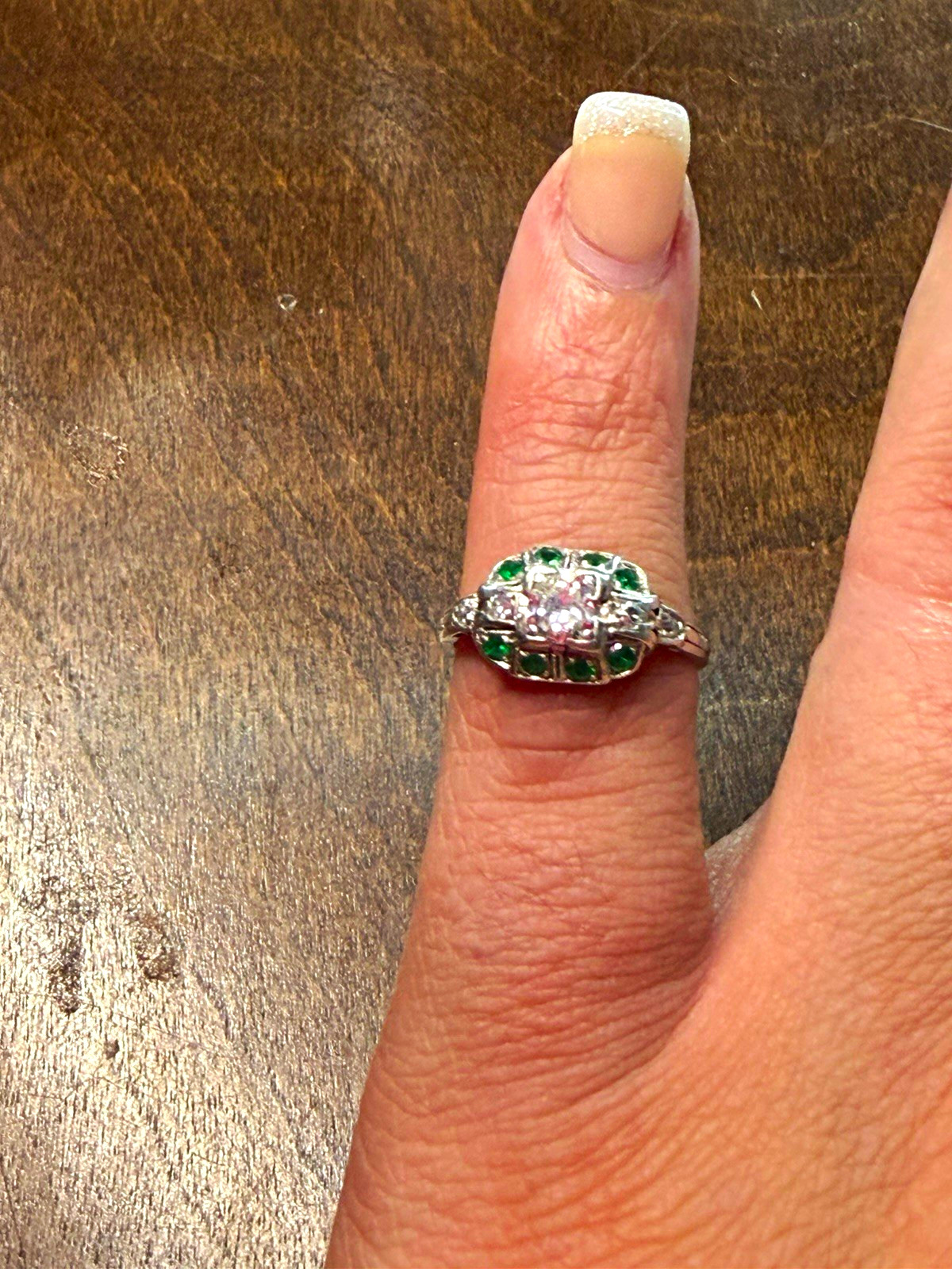 Platinum True Vintage 1920s mine cut diamond and emerald ring size 5