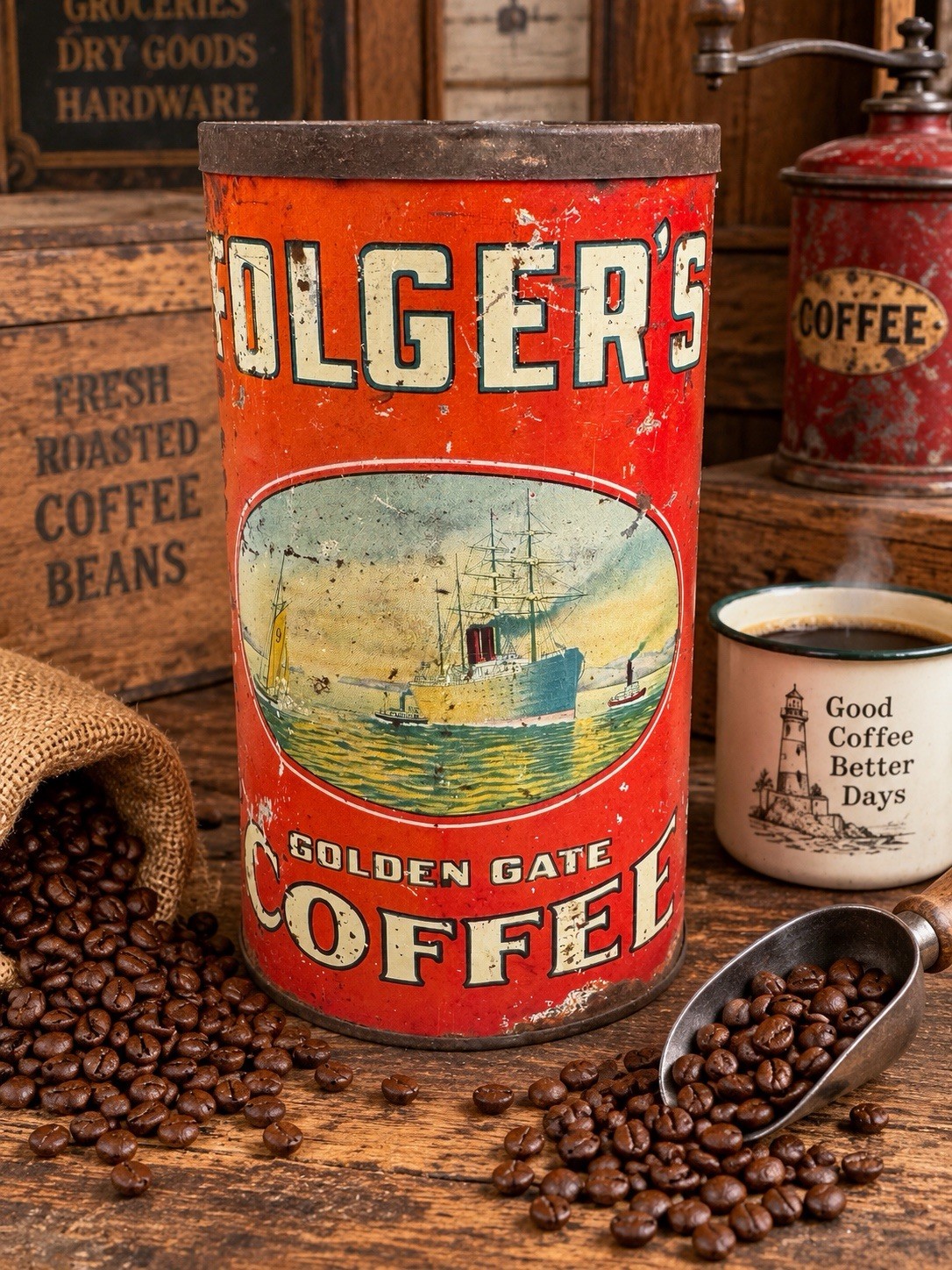 Rare Early Vintage Folgers Golden Gate Coffee Tin Can 2 1/2 Pound San Francisco Rare Early Vintage Folgers Golden Gate Coffee Tin Can 2 1/2 Pound San Francisco