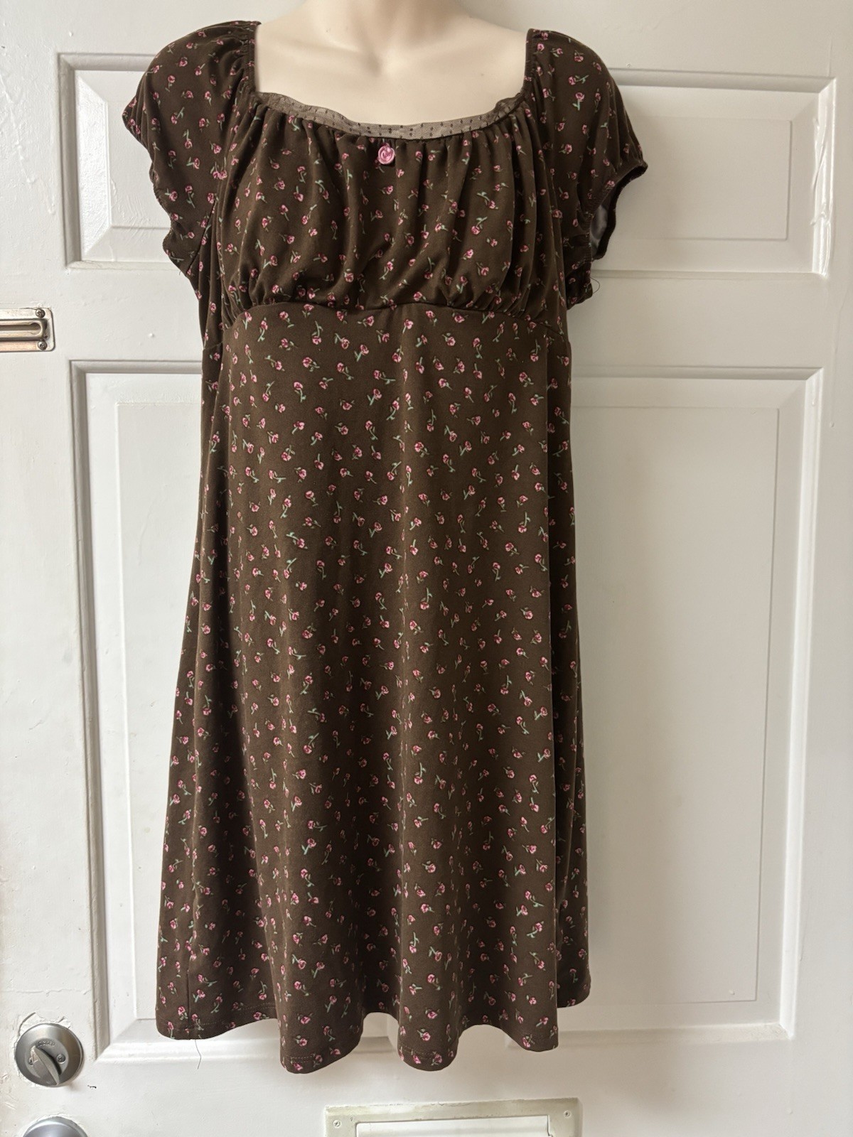 No Boundaries Women\'s Brown Floral Square Neck Cap Sleeve A-Line Dress L 12/14 No Boundaries Women\'s Brown Floral Square Neck Cap Sleeve A-Line Dress L 12/14