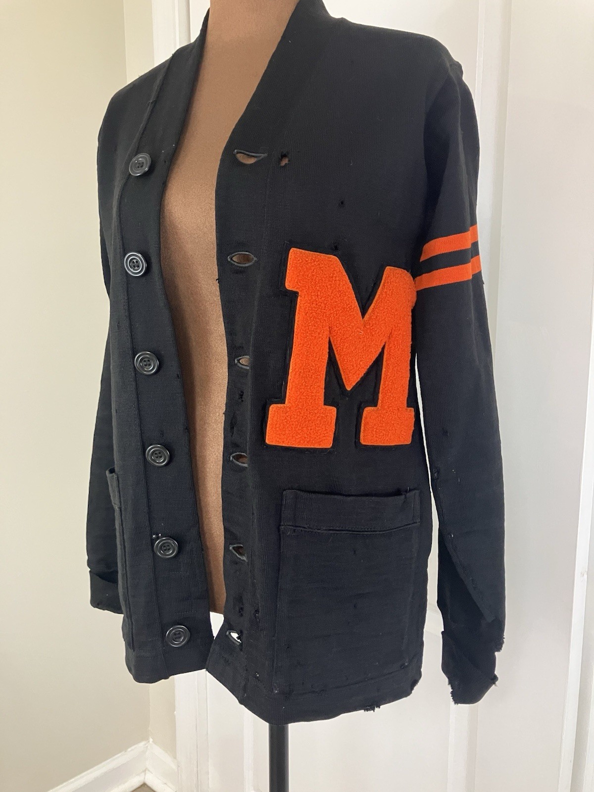 Vintage 1940’s Knit Varsity Letterman Cardigan Black Wool Size S Tag Reads 36