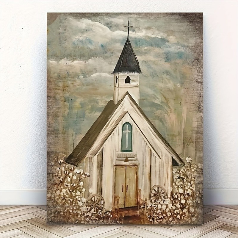Rustic White Country Church Floral Framed Decor Canvas For Farmhouse
