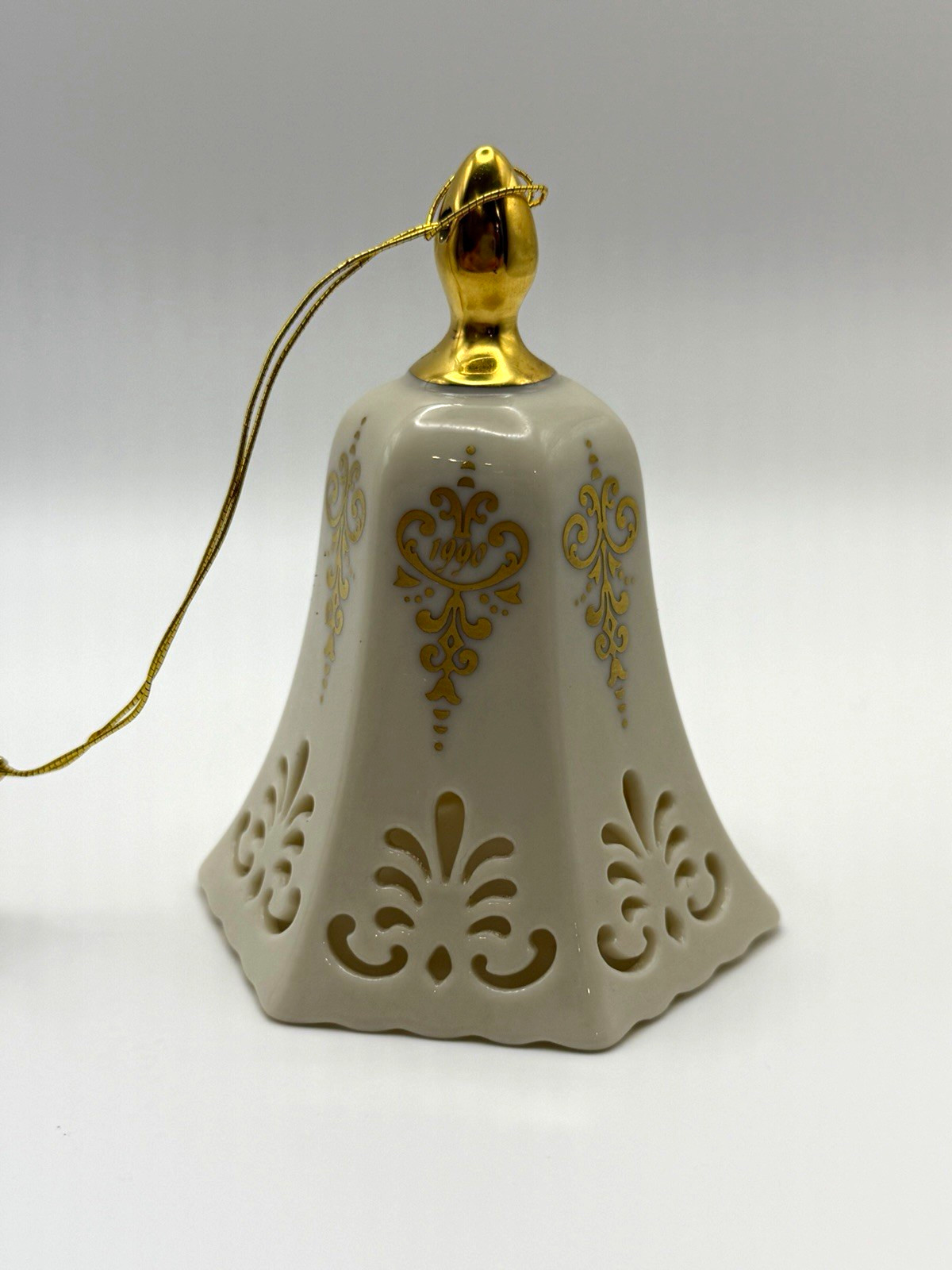 Lenox 1990 Porcelain Pierced Christmas Bell Ornament White/Gold Floral 5in