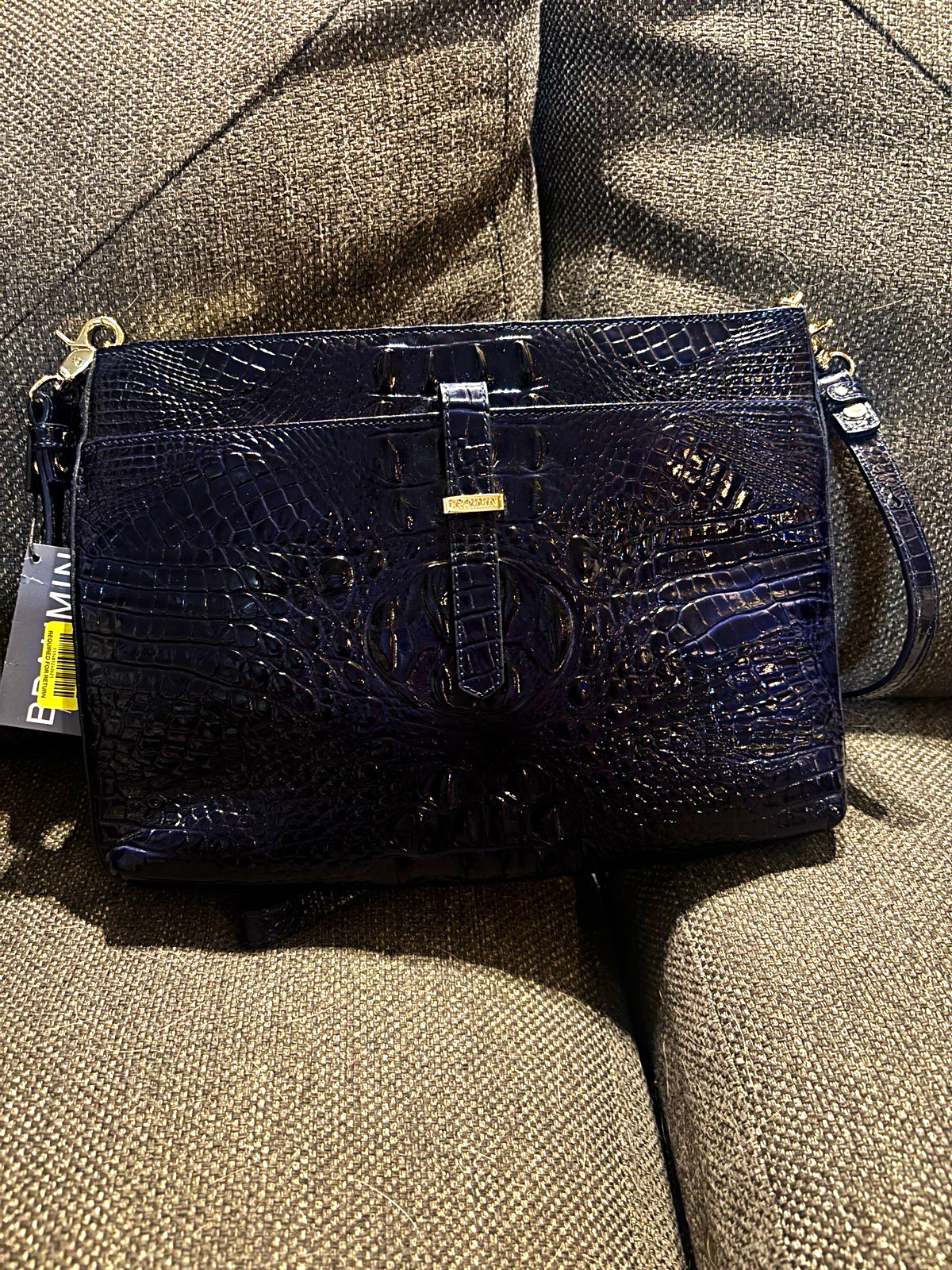 Brahmin Blue Crocodile Embossed Crossbody Bag Zip Gold Hardware Strap + Dust