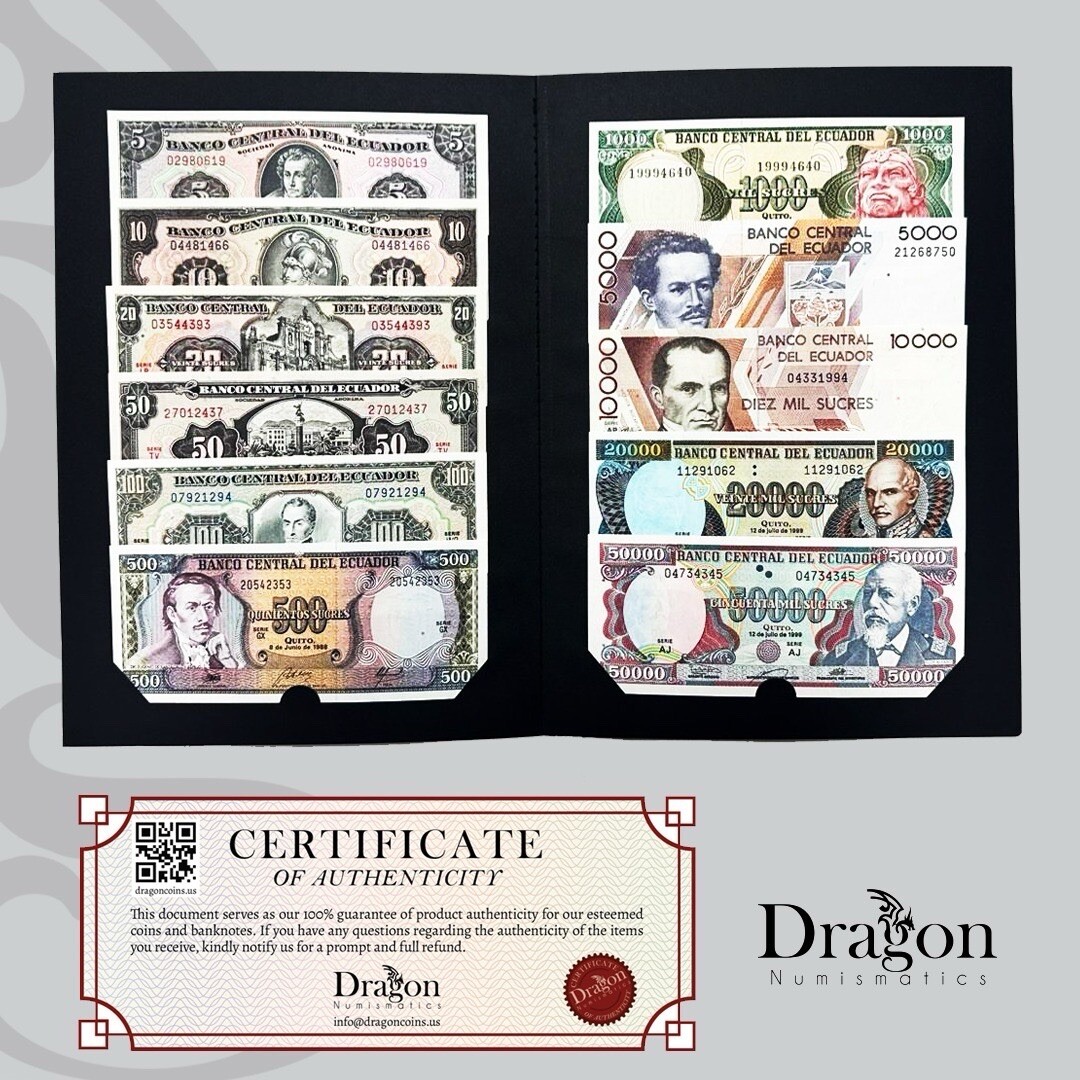 SET Ecuador 5-10-20-50-100-500-1000-5000-10000-20000-50000 11 notes CASE UNC