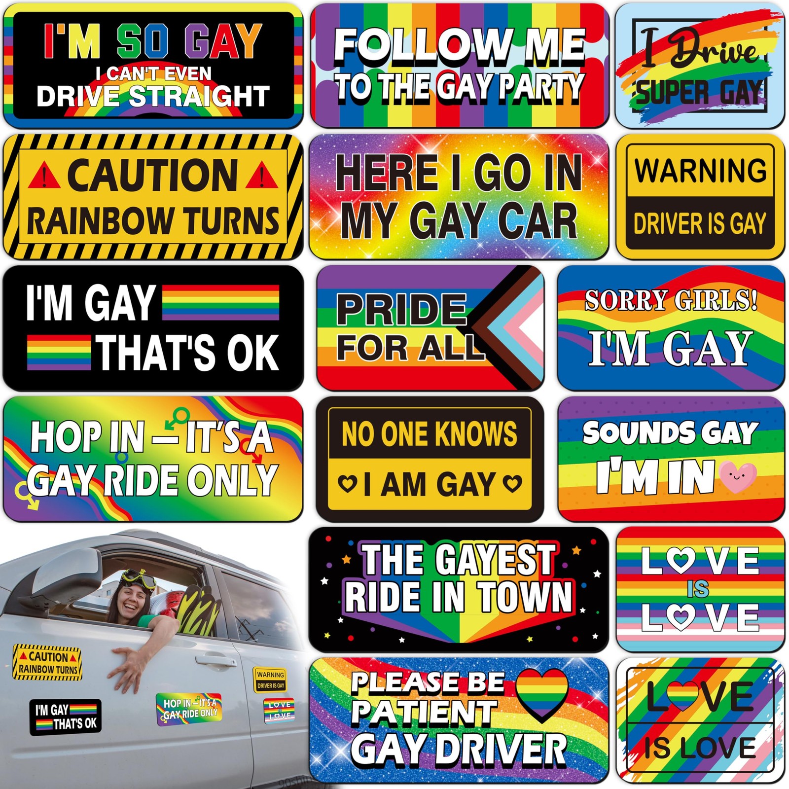 16PCS Funny Pride Gay Car Bumper Magnets Bulk Magnetic Rainbow Decals Decorat...