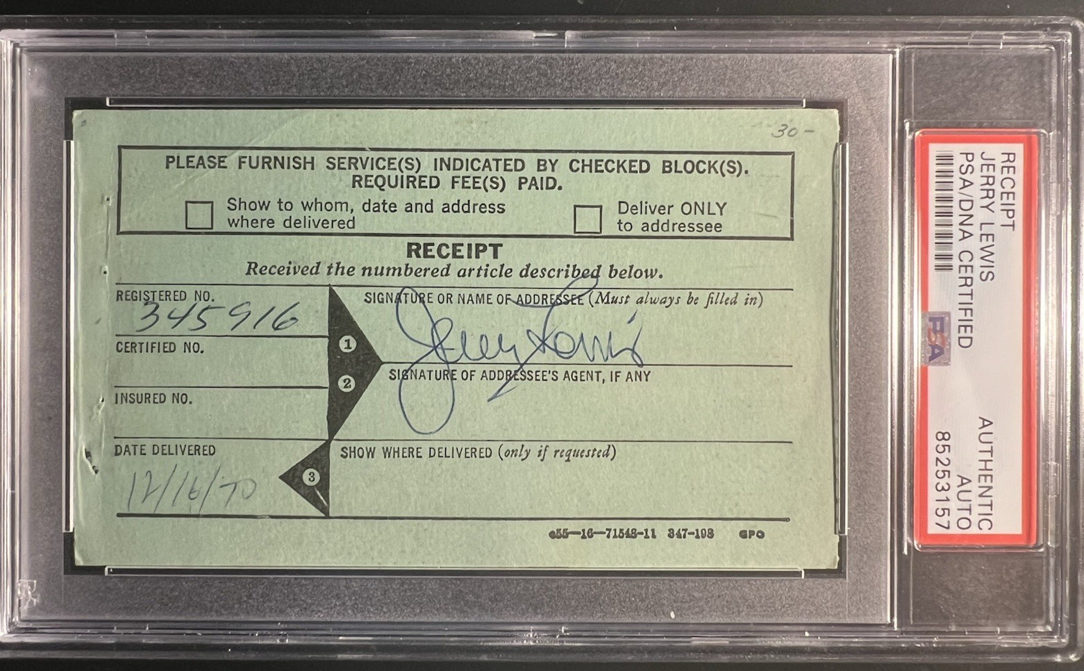 JERRY LEWIS VERY RARE SIGNED ORIGINAL  1970 POST OFFICE RETURN RECEIPT W/PSA