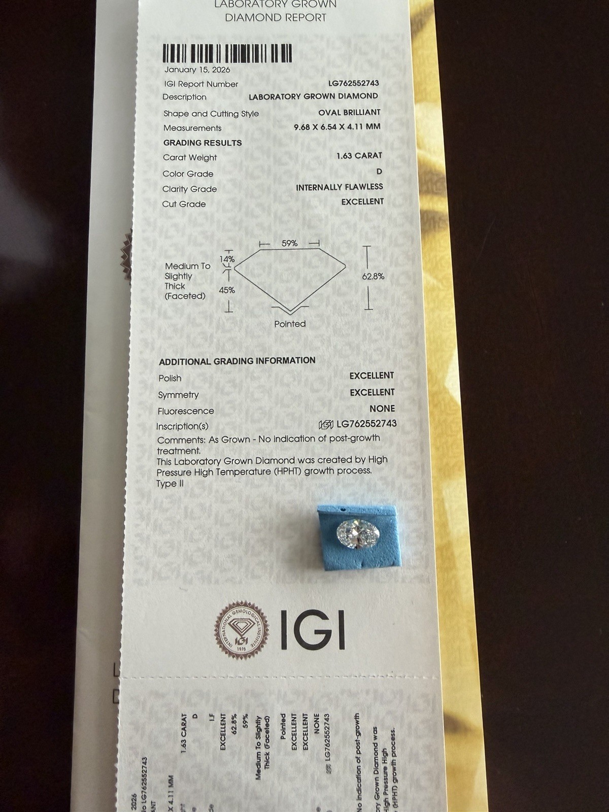 IGI Certified 1.63ct Lab Grown Oval Brilliant Diamond D color IF Excellent Cut IGI Certified 1.63ct Lab Grown Oval Brilliant Diamond D color IF Excellent Cut