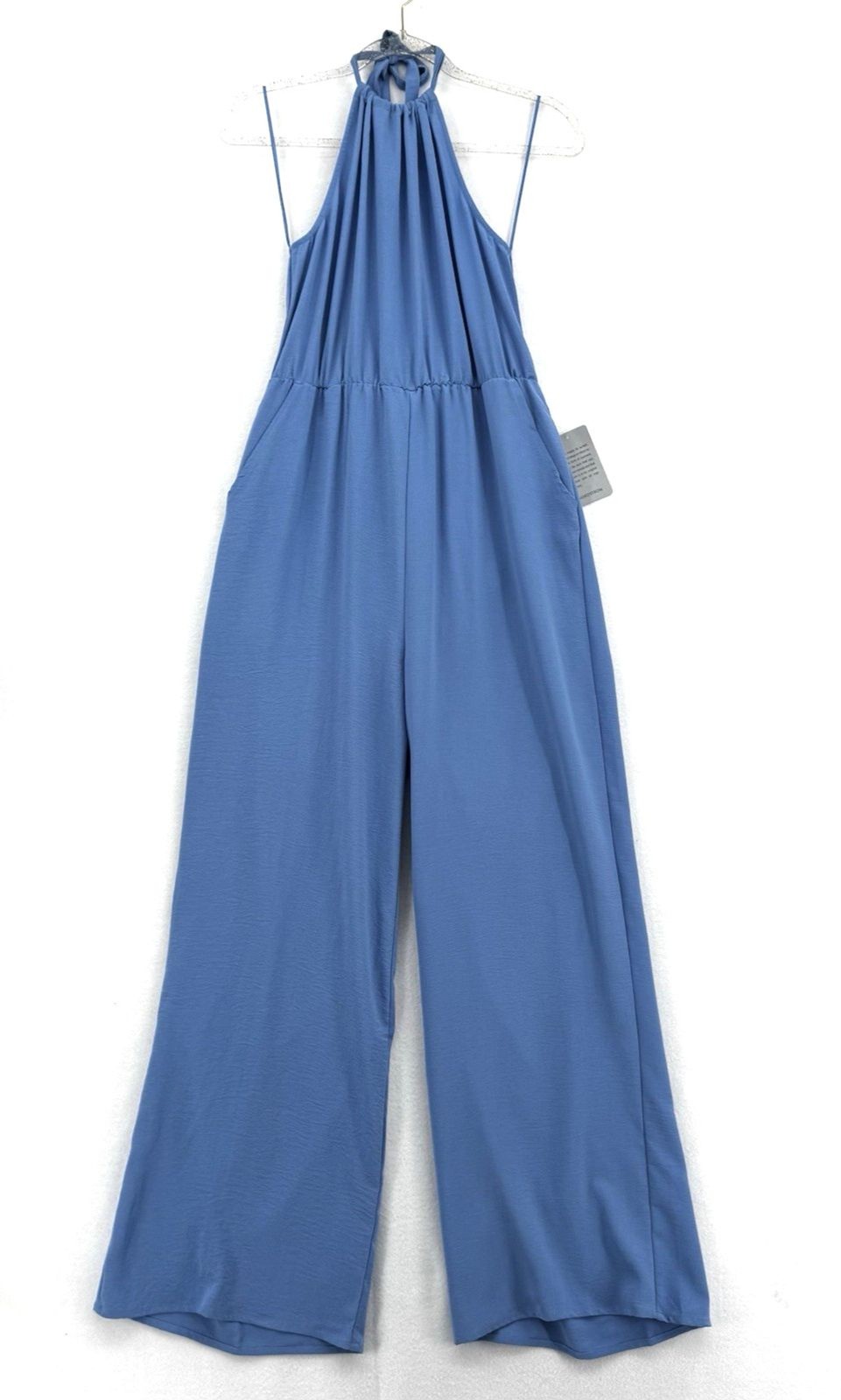 NSR Nordstrom Blue Halter Wide Leg Jumpsuit Pockets Open Back Coastal Chic M NWT