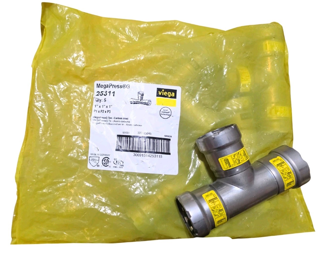 VIEGA 5 PACK, MegaPressG 1 x 1  x 1 Press Carbon Steel Tee (Gas Only), 25311