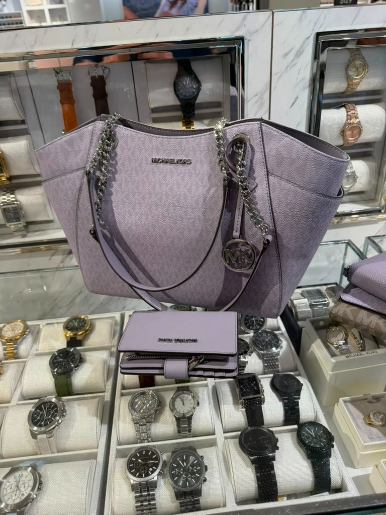 Michael Kors Lady Large Purse Shoulder Bag Handbag + Bifold Leather Wallet Lilac