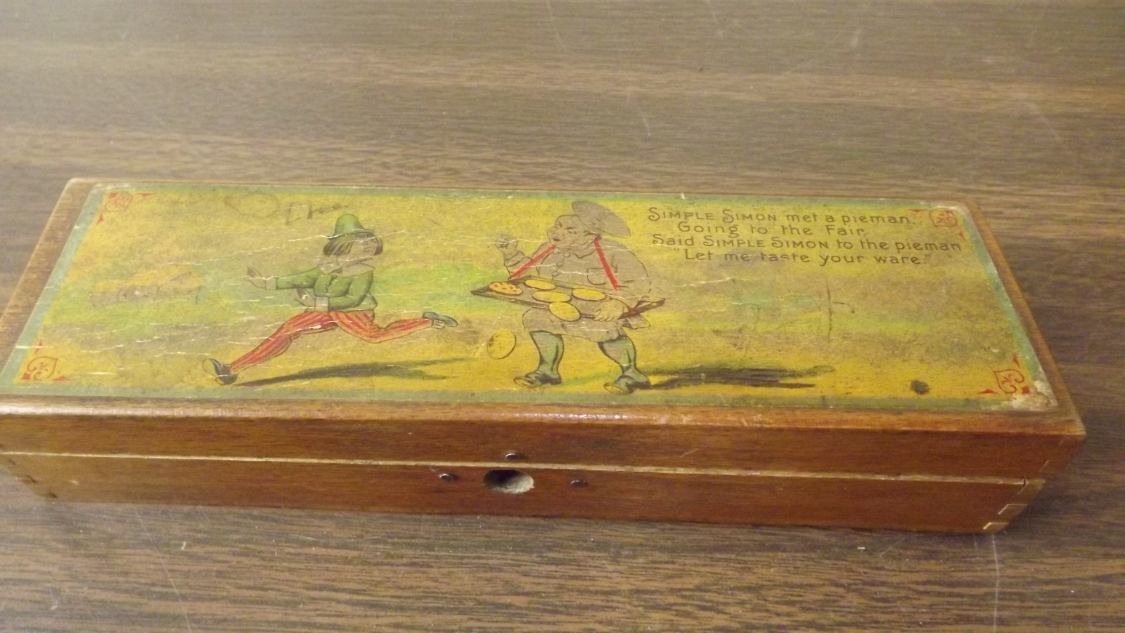Antique WOODEN PENCIL Box + ITEMS INSIDE VERY OLD Good Graphics Antique WOODEN PENCIL Box + ITEMS INSIDE VERY OLD Good Graphics