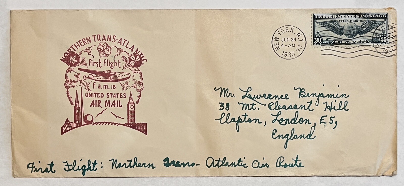 1939 NORTHERN TRANS-ATLANTIC FIRST FLIGHT F.A.M. 18 COVER SENT TO LONDON ENGLAND 1939 NORTHERN TRANS-ATLANTIC FIRST FLIGHT F.A.M. 18 COVER SENT TO LONDON ENGLAND