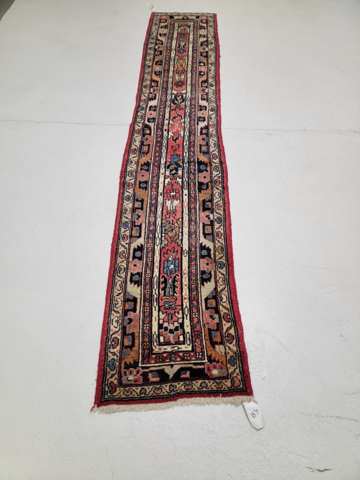 Antique Oriental Hand-Knotted Wool Runner Red/Blue/Ivory/Salmon  1\'9\