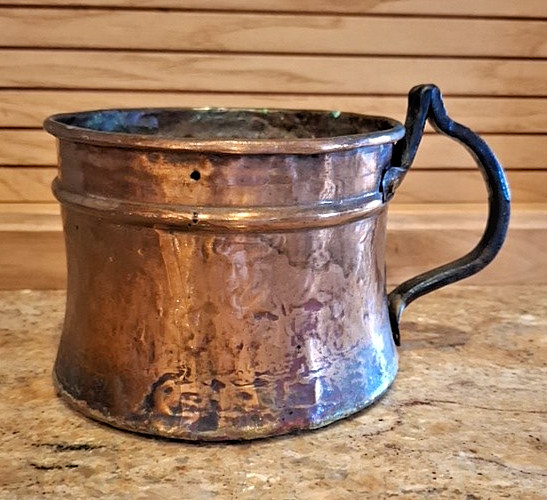 Antique 19th C Dovetailed Copper Measure Pot Cup Heavy Iron Handle Primitive