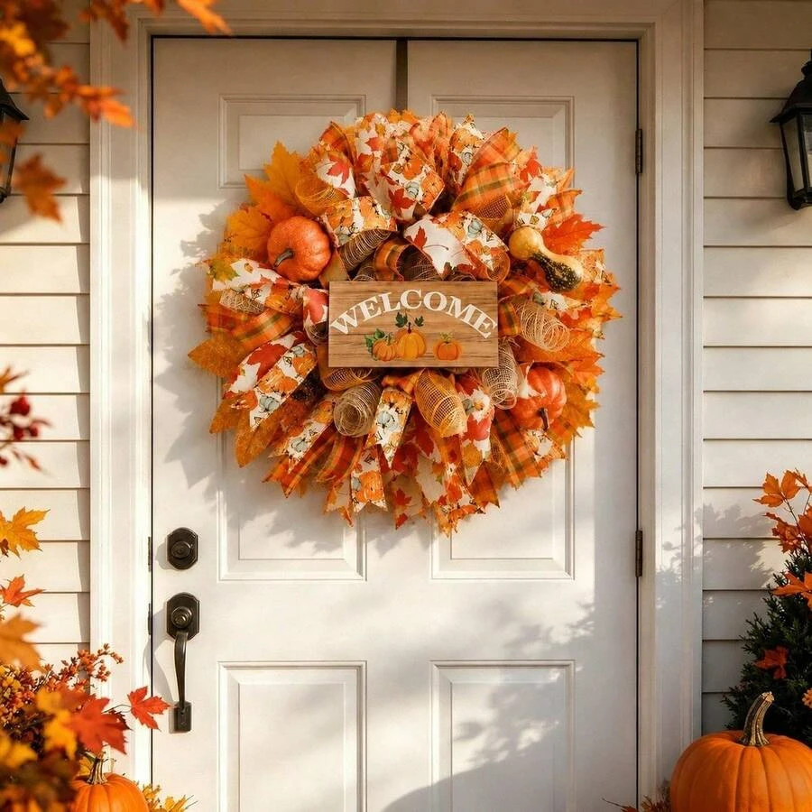 NEW 1PC 20 Inch Fall Wreath For Front Door, Autumn Harvest Welcome Wreath