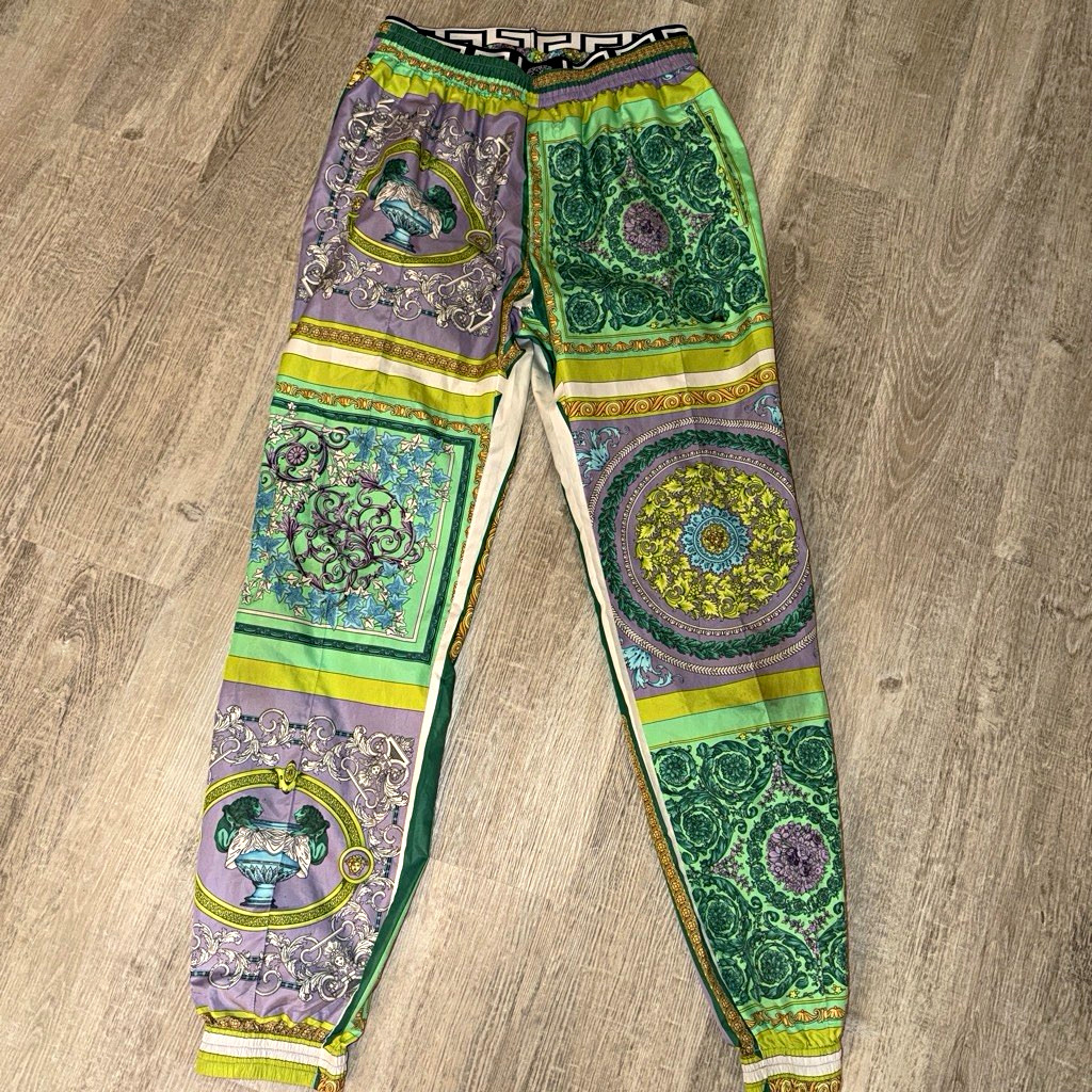 Versace Medusa Green/Purple Medallion Jogger Pants Elastic Waist Tapered 48