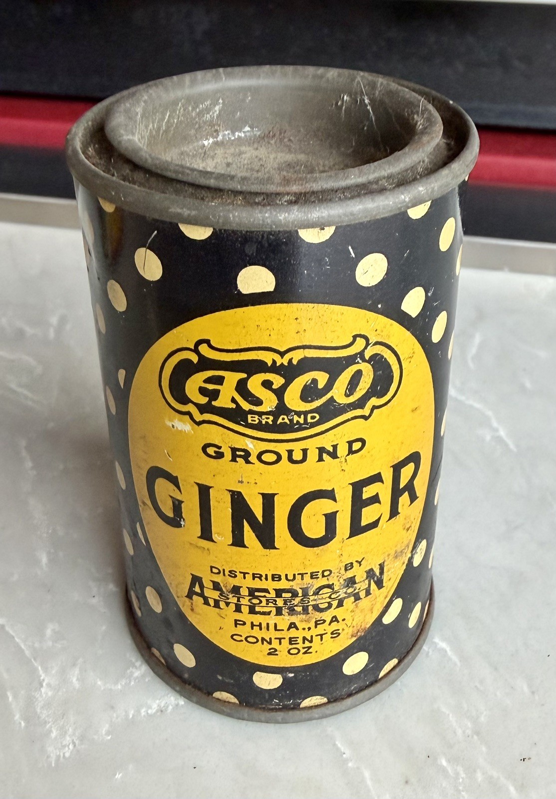 VTG Antique Bakers ASCO Pure Ginger Tin Can Container Display Philadelphia PA VTG Antique Bakers ASCO Pure Ginger Tin Can Container Display Philadelphia PA