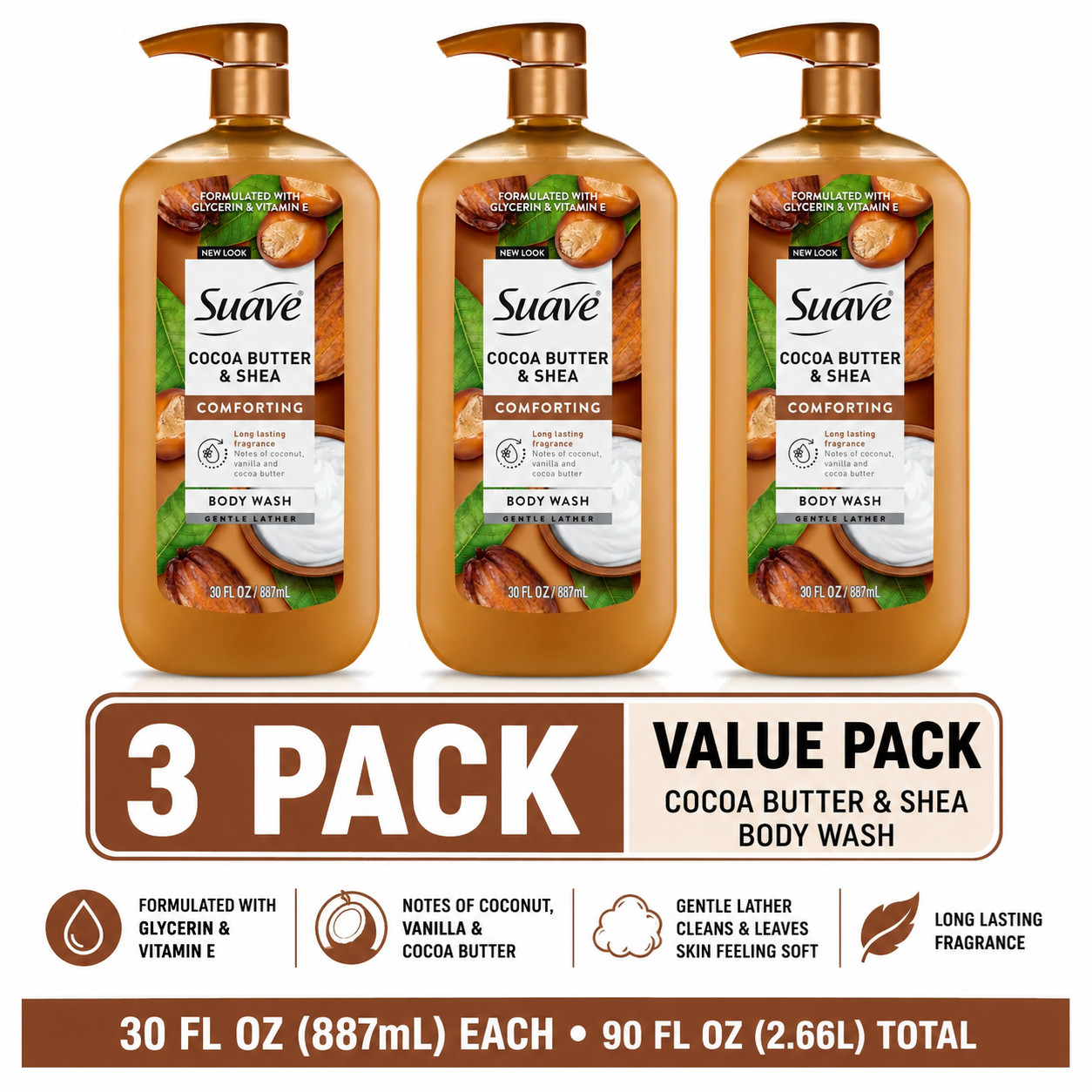3 Pack Suave Cocoa Butter Shea Moisturizing Body Wash 30 oz Pump Vitamin E