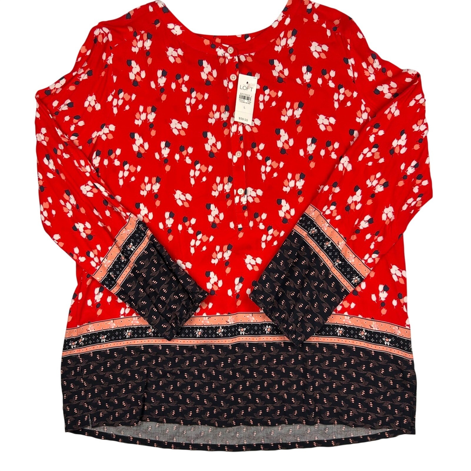 LOFT Red Floral Tulip Henley Blouse Long Sleeve Border Print Top Large NWT