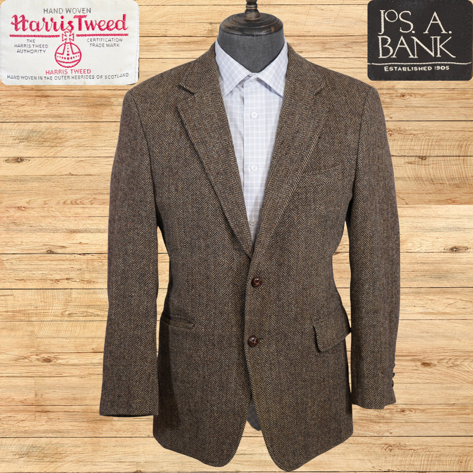 Harris Tweed Sport Coat Mens 38R Brown Herringbone Wool Blazer Jos A Bank