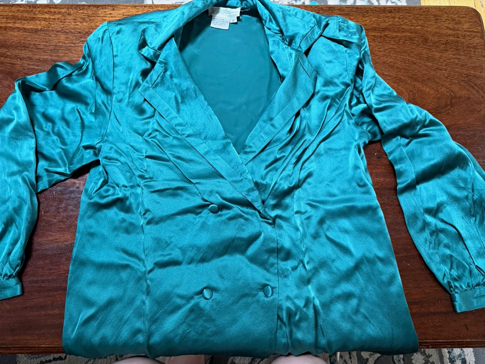 Vintage Eve Stillman Couture 100% Silk Pajama Lounge Set Teal Petite Hong Kong
